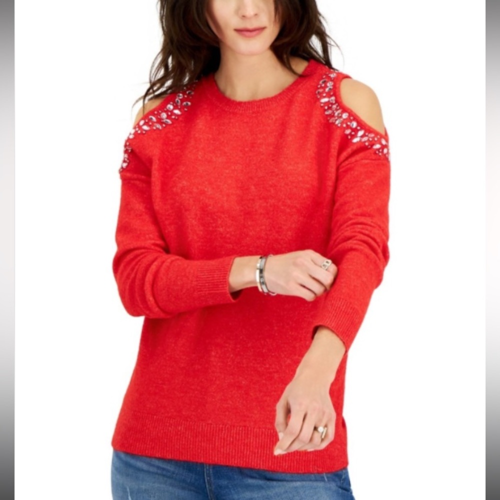 I.N.C. -red embellished cold-shoulder sweater